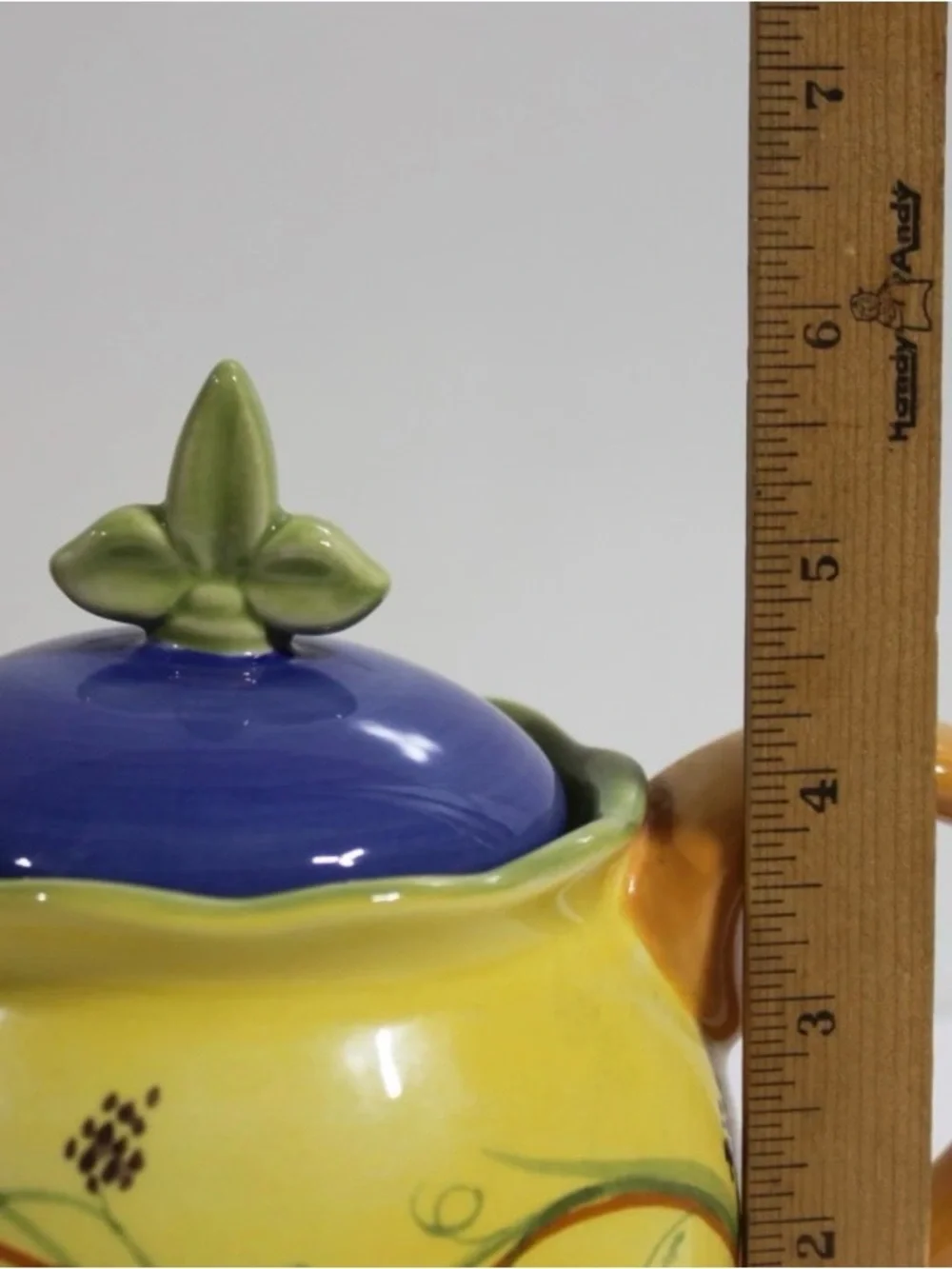 Pfaltzgraff Yellow Ceramic Lidded Jar with Blue Lid and Green Finial